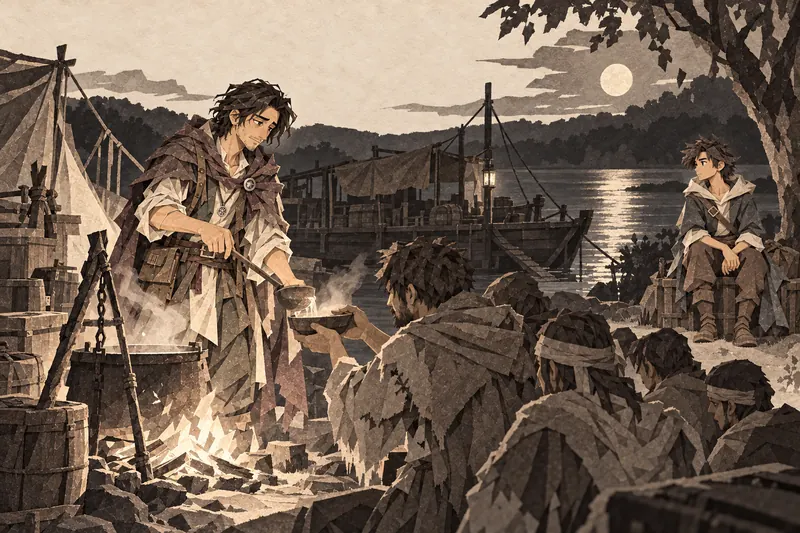 밤, 큰 솥에 물을 끓이는 세드와 멀리서 보는 에반